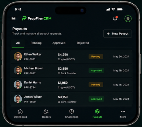 PropFirmCRM payouts management on mobile