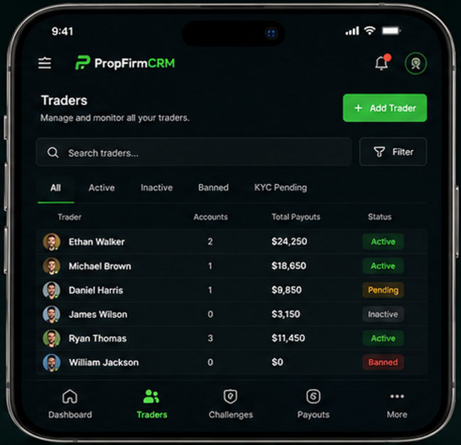 PropFirmCRM traders management on mobile